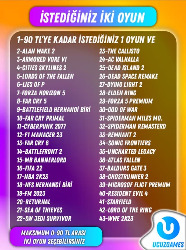 İstediğiniz 2 Oyun 150 TL